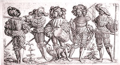Die fünf Landsknechte“, Radierung von Daniel Hopfer, um 1530